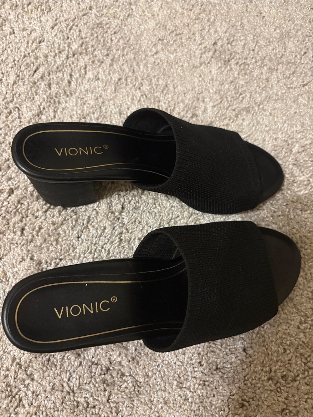 Vionic Black Open-Toe Slide Mules with Block Heel